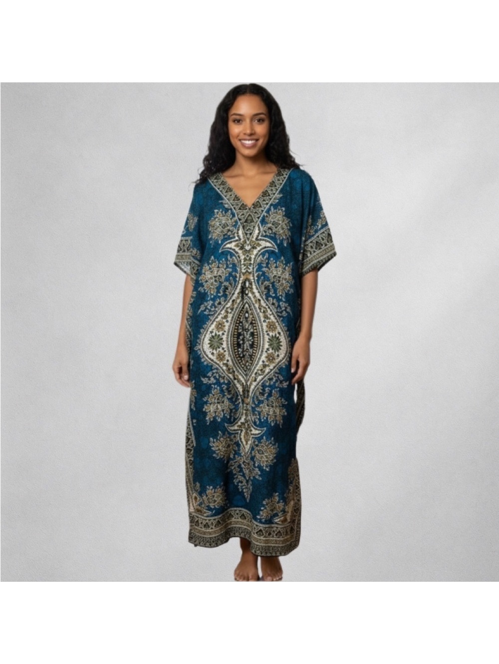 Phases Boho Caftan Maxi Dress One Size Blue Black Floral Ethnic Drawstring